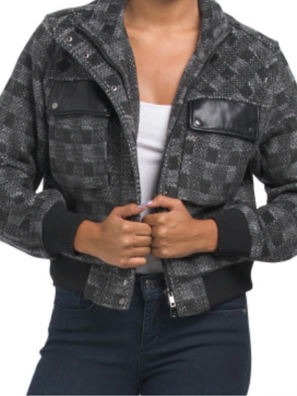 Bagatelle Gray Checked Bomber Jacket with Black Trim